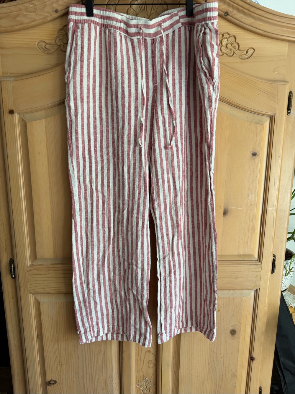 Striped Red and White Linen Blend Pants